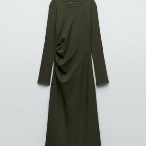 Zara women’s green midi ruched long sleeve ribbed pencil dress size large 10 12